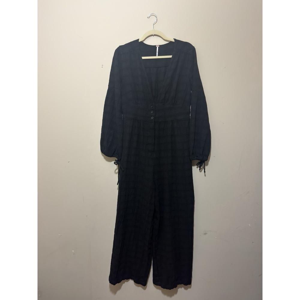 Free People Jumpsuit Med Black Linen Blend Wide Leg True Lovin One Piece Boho